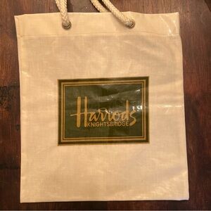 Vintage HARRODS Knightsbridge Cotton/PVC Coated Shopping Tote Bag White Rope